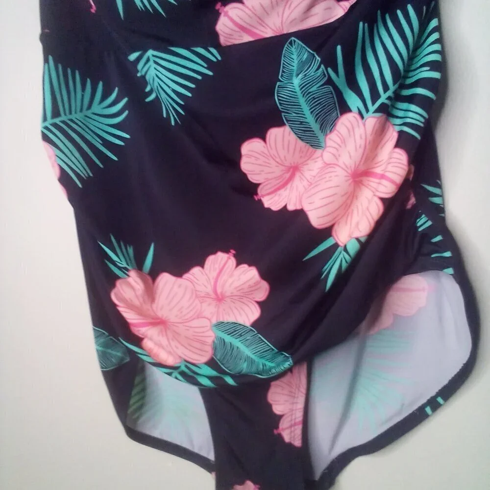 Crane Swimsuit Women XL One Piece Halter Floral Tropical Black Green Pink